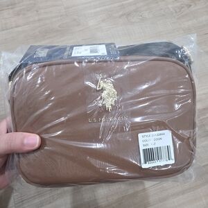 U.S. Polo Assn. Cognac Shoulder Camera Bag with Gold Logo